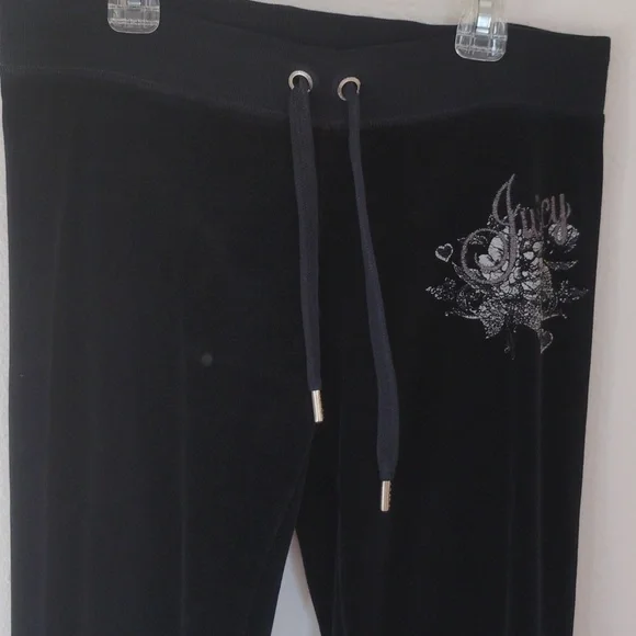 Y2K Juicy Couture Black Velour Track Pants Wide Leg Low Rise Graphic Logo Sz XS - Picture 2 of 6